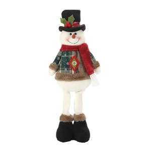 Detail of Christmas snowman doll featuring a green plaid coat and red knitted scarf decor