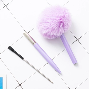 Cute fluffy purple plush pompom ballpoint pen set with refillable metallic ink core