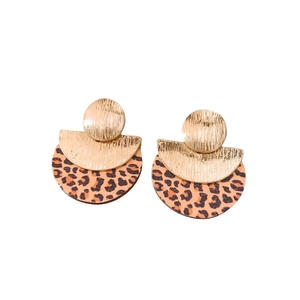 Fashionable golden hammered metal and leopard print circular drop earrings for women