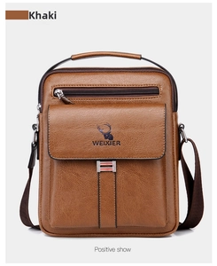 Detailed front view of khaki vintage leather crossbody bag with multiple zip pockets