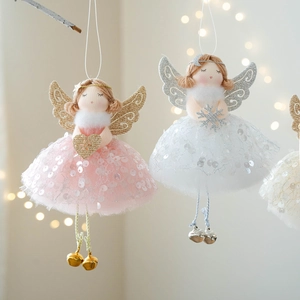 Christmas angel doll ornaments with sequined skirts, wings, and bells for holiday decor