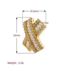 Luxury 18K gold plated X-shaped crisscross stud earrings with sparkling pavé zircons
