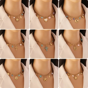 Collier Multi-Breloques En Acier Inoxydable Plaqué Or Coeur Fleur Turquoise Croix Bijoux Bohème Dopamine Pour Femmes