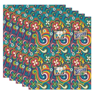 Detail of 6 retro groovy hippie style candy bar wrappers with vibrant color patterns