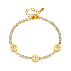 Elegant gold titanium steel bracelet with sparkling rhinestones and Roman numeral charms