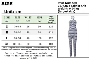 Detailed size chart for the sleeveless halter stripe jumpsuit with specific measurements
