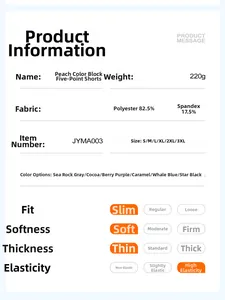 Size chart and fabric details for high-waisted color-block yoga shorts in six colors