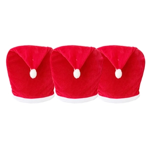Set of 3 red velvet Christmas chair back covers with white pom-poms for festive decor