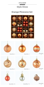 Detail view of orange Christmas ball set featuring pine cones and varied textures