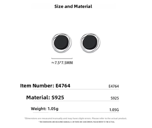Detail view of S925 sterling silver black onyx stud earring measuring 7.5x7.5mm
