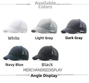 Quick-dry mesh baseball caps shown in five colors: white, gray, navy blue and black
