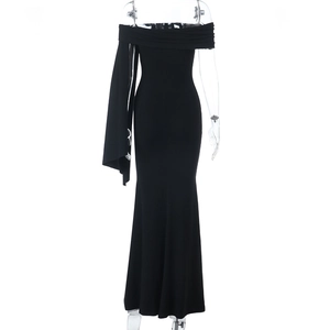 Front view of an elegant off-shoulder black slim-fit evening gown with fishtail hem