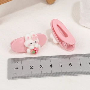 Pink bunny resin hair clips for girls featuring cute white rabbit with strawberry motif