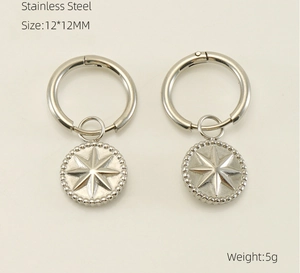 Detail view of 12x12mm stainless steel sunburst earrings with technical measurements