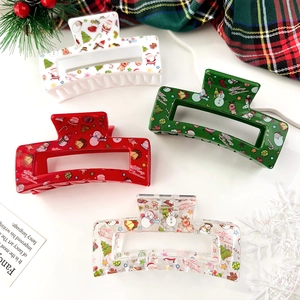 Christmas Hair Claw Clips Large Rectangular Acrylic Santa Reindeer Snowman Print Holiday Party Accessories For Women