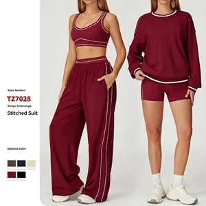 Sweatshirt Et Pantalon Femme Sport Décontracté Manches Longues Col Rond Coton French Terry Rayures Contrastées Survêtement