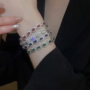 Bracelet Élégant Zircon Ovale Cuivre Ajustable Chaîne Coulissante Design Halo Bijoux Mode Accessoires Femmes