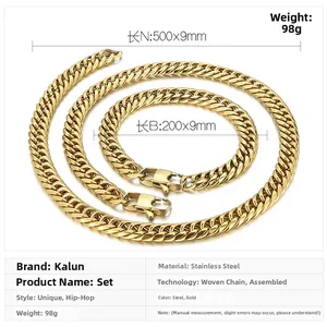 Détails techniques du kit collier et bracelet maille cubaine 9mm en acier doré