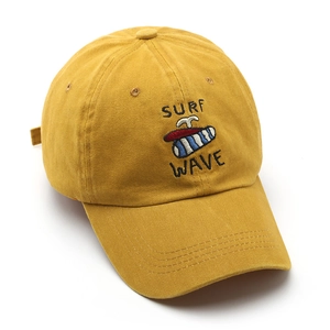 Mustard yellow cotton baseball cap with Surf Wave embroidery and vintage washed design