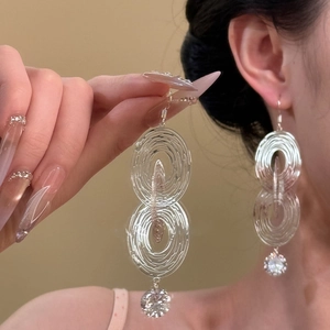 Hollow Layered Oval Geometric Drop Earrings With Zircon Stone Copper Jewelry For Women Minimalist Style