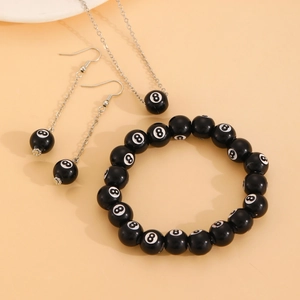 Three-piece jewelry set with black billiard number 8 resin beads, necklace and earrings