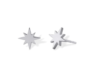 Macro view of polished minimalist starburst stud earrings showing silver mirror finish
