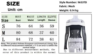 Size chart showing mesh off-shoulder long sleeve top dimensions in centimeters