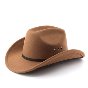 Detail of dark brown western cowboy hat with leather band and metal side vents