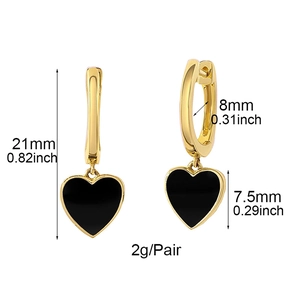 Detail showing dimensions of gold heart hoop earrings with black enamel pendant and zircon