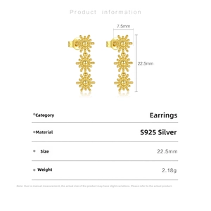 Detailed size specifications for gold sun flower drop earrings in S925 sterling silver