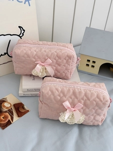 Heart Quilted Cotton Makeup Bag With Ribbon Bow And Lace Trim Pink Sweet Cosmetic Pouch For Women Travel Storage Organizer