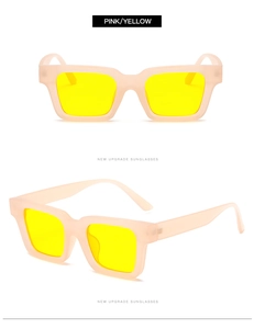 Close-up of pink matte square frames with yellow lenses and new upgrade details