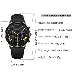 Detailed specs of men's black Geneva quartz watch with dimensions and features