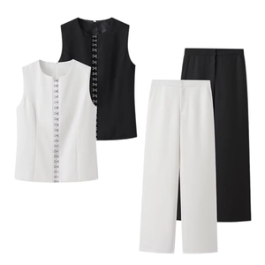 Women's chic sleeveless buttoned top and wide-leg trousers set in black and white colors