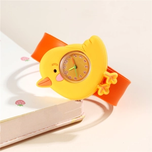 Cute yellow chick cartoon snap watch for kids with orange silicone strap on a desk