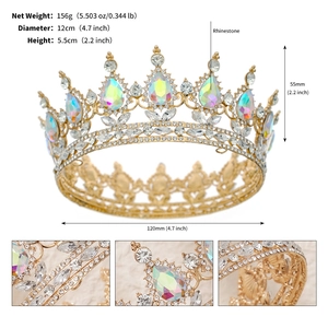 Detailed dimensions of Baroque bridal crown with rose red rhinestones and gold finish