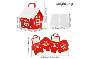 Detailed blueprint showing red house-shaped Christmas candy box dimensions and structure