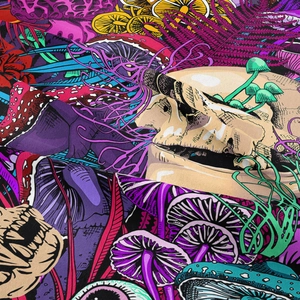 Macro shot of colorful mushroom and skull pattern on high-quality woven tapestry fabric