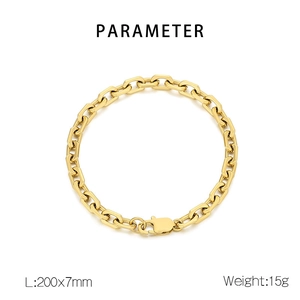 Detail showing a 7mm wide gold plated stainless steel curb chain bracelet with lobster clasp