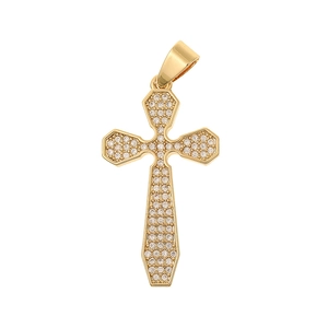 Detailed view of copper cross pendant with micro-pave white zircon and golden finish