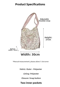 Floral canvas tote bag details showing 30x27x10cm dimensions and polyester material