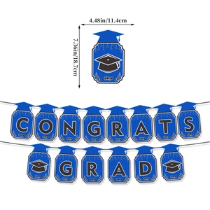 Μπλε σετ πανό Congrats Grad για αποφοίτηση 2026 με λεπτομερείς διαστάσεις καρτών