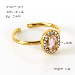 Detailed specs of stainless steel ring with 10x9mm oval pink zircon and 18K gold plating