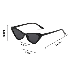 Detailed technical drawing of black cat eye sunglasses showing frame dimensions and structure
