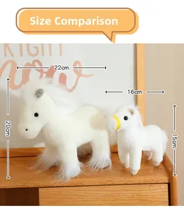 Size comparison of plush white horse toys showing 22x20cm and 16x15cm dimensions