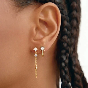 S925 silver needle gold tassel chain earrings with diamond accents for women