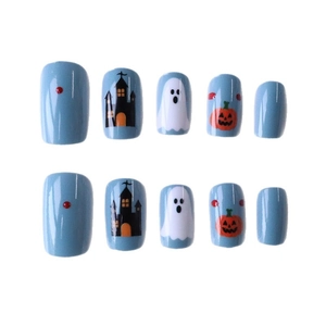 Halloween press-on nails with blue background featuring ghosts, pumpkins and castles