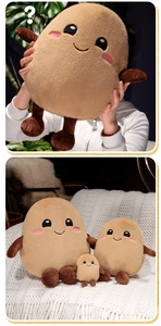 Trois tailles de jouets en peluche patate mignons avec visages brodés sur fond de canapé blanc