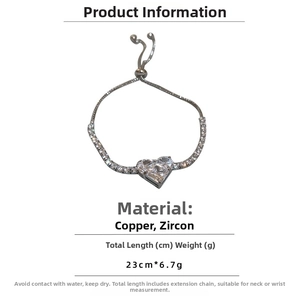 Detail view of heart zircon bracelet showing 23cm length and 6.7g weight specifications