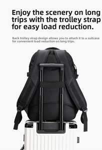 Water-resistant sports backpack showing trolley sleeve attached to a suitcase handle
